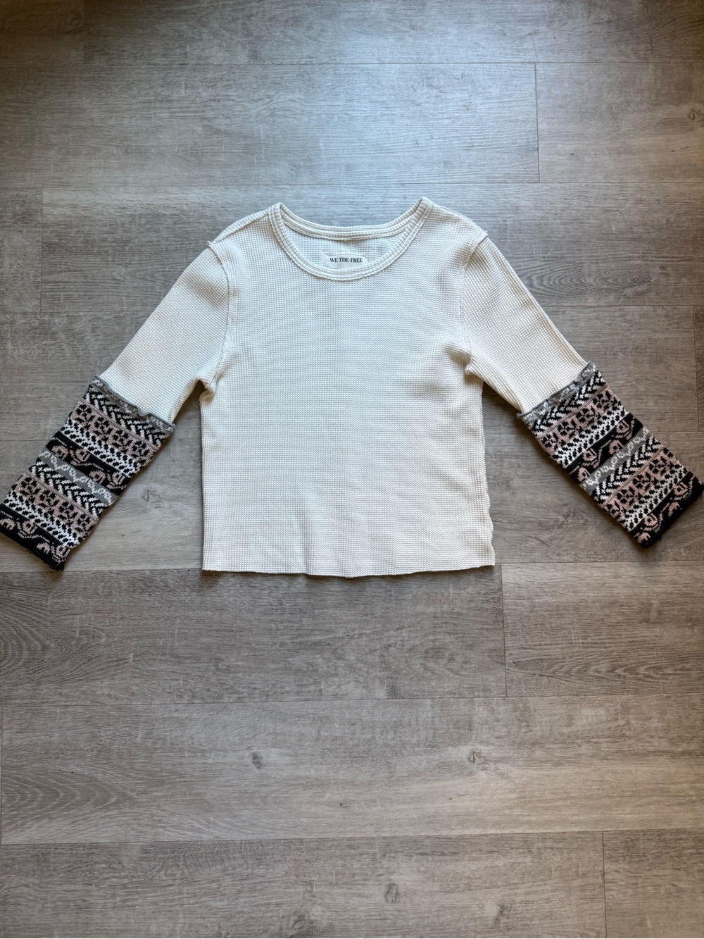 Free People We The Free Waffle Knit Body Mixed Media Print Knit Cuffs Top Size L